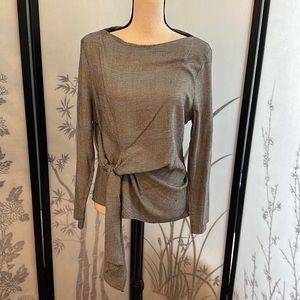 Zara Plaid Boat Neck Tie Front Draped Blouse, XL, Black